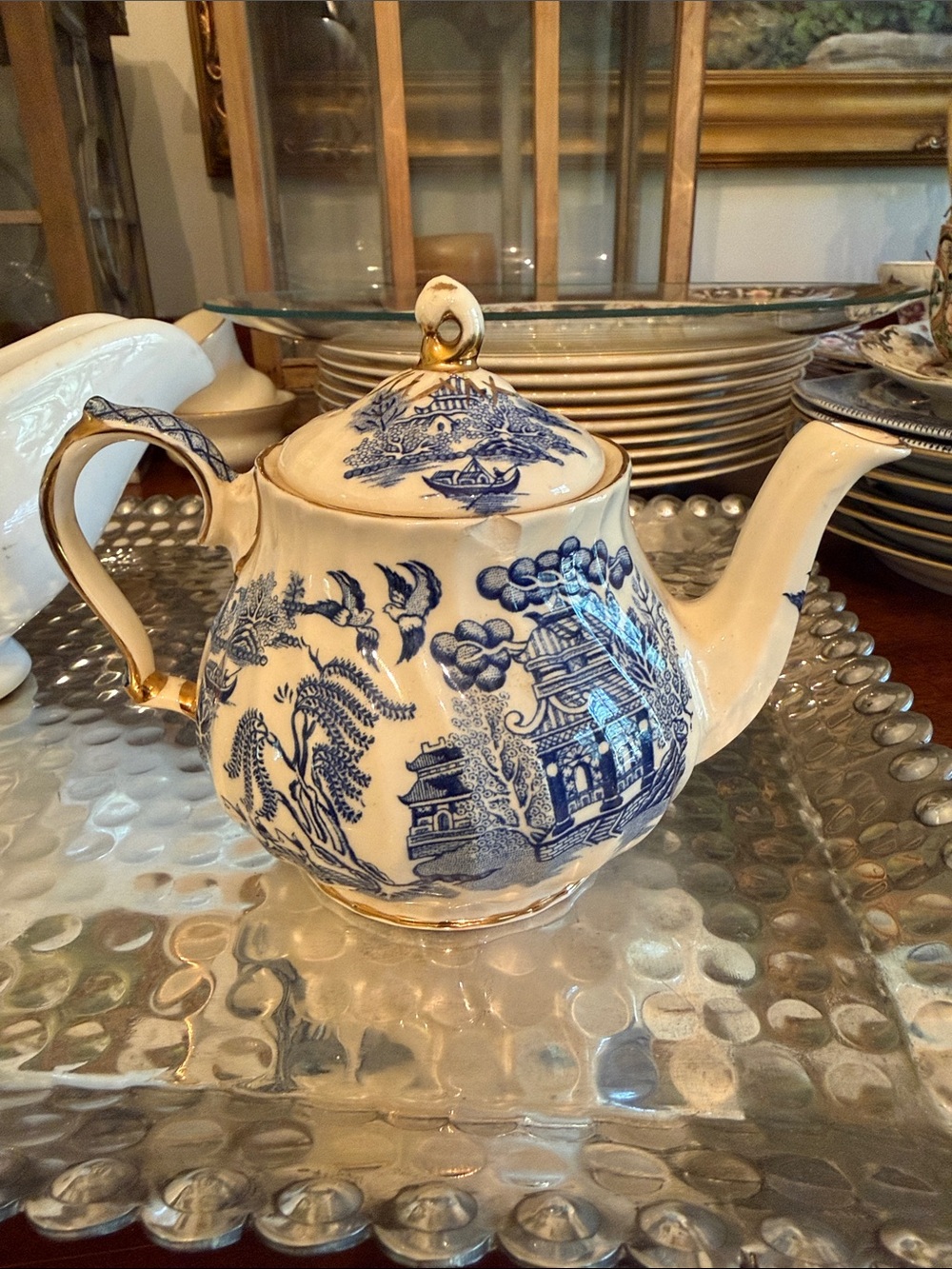 Sandler White Porcelain Teapot with Blue Transferware and Gold Trim